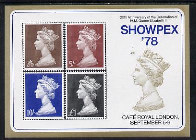 Exhibition souvenir sheet for 1978 Showpex showing,Great Britain Machin high values set of 4 unmounted mint