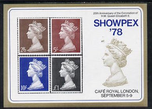 Exhibition souvenir sheet for 1978 Showpex showing,Great Britain Machin high values set of 4 unmounted mint