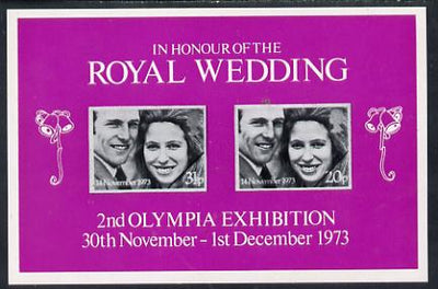 Exhibition souvenir sheet for 1973 Olympia Exhibition showing Great Britain Royal Wedding pair unmounted mint