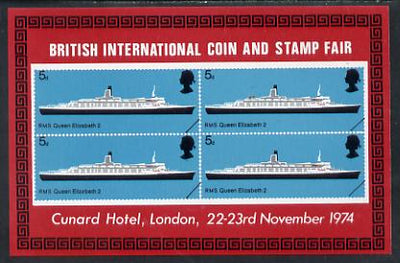 Exhibition souvenir sheet for 1974 Coin & Stamp Fair showing Great Britain Ships (RMS QE2 5d block of 4) unmounted mint