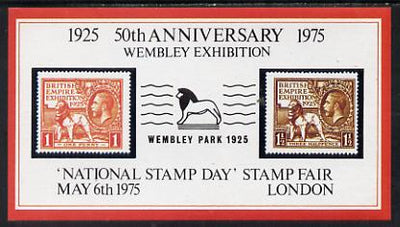 Exhibition souvenir sheet for 1975 National Stamp Day showing Great Britain Wembley pair with 'Lion' cancel