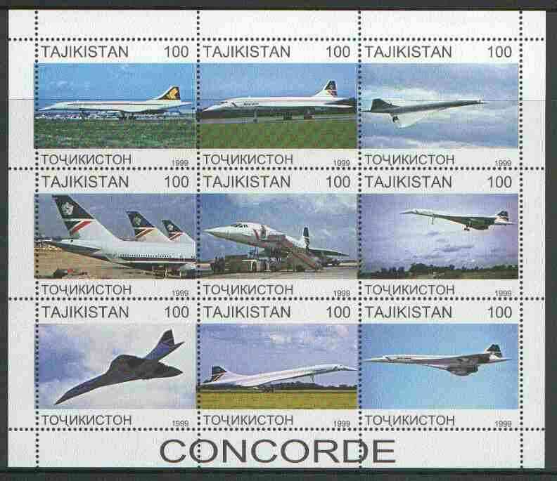 Tadjikistan 1999 Concorde perf sheetlet containing complete set of 9 values unmounted mint