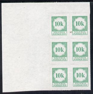 Nigeria 1987 postage due 10k green corner block of 6 rouletted 9 (SG D14a) unmounted mint