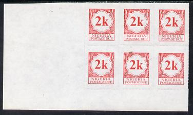 Nigeria 1987 postage due 2k red corner block of 6 rouletted 9 (SG D11a) unmounted mint
