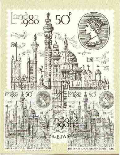 Great Britain 1980 'London 1980' Stamp Exhibition PHQ card bearing types I & II fine used with 9th April Exhibition cancel