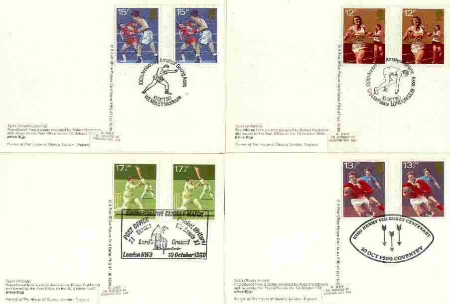 Great Britain 1980 Sport Centenaries set of 4 PHQ cards with appropriate gutter pairs each very fine used with first day cancels