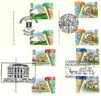 Great Britain 1984 Urban Renewal set of 4 PHQ cards with appropriate gutter pairs each very fine used with first day cancels