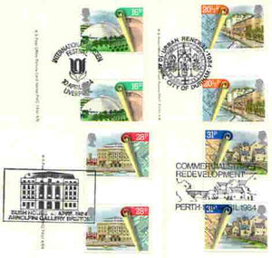 Great Britain 1984 Urban Renewal set of 4 PHQ cards with appropriate gutter pairs each very fine used with first day cancels