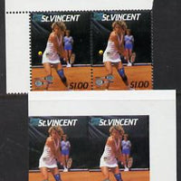 St Vincent 1987 International Tennis Players $1 (Chris Evert) unmounted mint horiz imperf pair with ball omitted nice double variety (plus normal single) SG 1060var