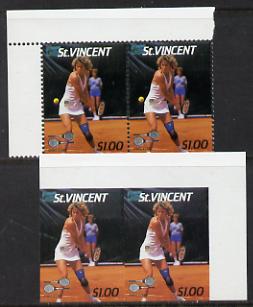 St Vincent 1987 International Tennis Players $1 (Chris Evert) unmounted mint horiz imperf pair with ball omitted nice double variety (plus normal single) SG 1060var