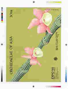 Bhutan 1990 Orchids - Intermediate stage computer-generated essay #2 (as submitted for approval) for 30nu m/sheet (Dendrobium aphyllum) 180 x 135 mm very similar to issued design, plus marginal markings, ex Government archives and……Details Below