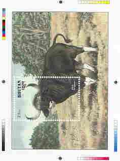 Bhutan 1990 Endangered Wildlife - Intermediate stage computer-generated essay #4 (as submitted for approval) for 25nu m/sheet (Gaur) 190 x 135 mm very similar to issued design plus marginal markings, ex Government archives and probably unique (as Sc 938)
