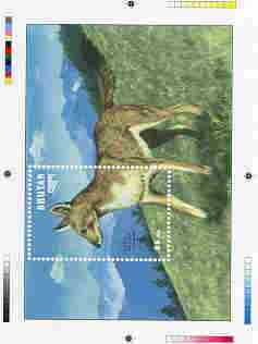 Bhutan 1990 Endangered Wildlife - Intermediate stage computer-generated essay #2 (as submitted for approval) for 25nu m/sheet (Asiatic Wild Dog) 190 x 135 mm very similar to issued design plus marginal markings, ex Government arch……Details Below