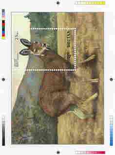 Bhutan 1990 Endangered Wildlife - Intermediate stage computer-generated essay #4 (as submitted for approval) for 25nu m/sheet (Himalayan Musk Deer) 190 x 135 mm very similar to issued design plus marginal markings, ex Government a……Details Below