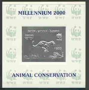 Batum 2000 WWF - Cheetah imperf sheetlet on shiney card with design embossed in silver opt'd 'Millennium 2000, Animal Conservation' in blue