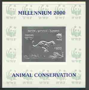 Batum 2000 WWF - Cheetah imperf sheetlet on shiney card with design embossed in silver opt'd 'Millennium 2000, Animal Conservation' in blue
