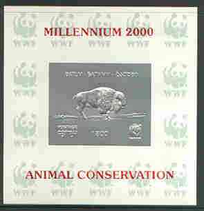 Batum 2000 WWF - Buffalo imperf sheetlet on shiney card with design embossed in silver opt'd 'Millennium 2000, Animal Conservation' in red