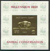 Batum 2000 WWF - Buffalo imperf sheetlet on shiney card with design embossed in gold opt'd 'Millennium 2000, Animal Conservation' in red