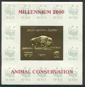 Batum 2000 WWF - Buffalo imperf sheetlet on shiney card with design embossed in gold opt'd 'Millennium 2000, Animal Conservation' in red