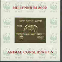 Batum 2000 WWF - Elephant imperf sheetlet on shiney card with design embossed in gold opt'd 'Millennium 2000, Animal Conservation' in red