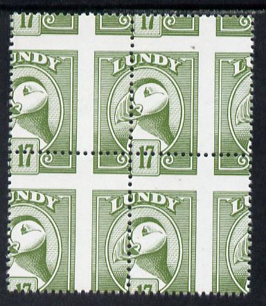 Lundy 1982 Puffin def 17p green with superb misplacement of horiz and vert perfs unmounted mint block of 4