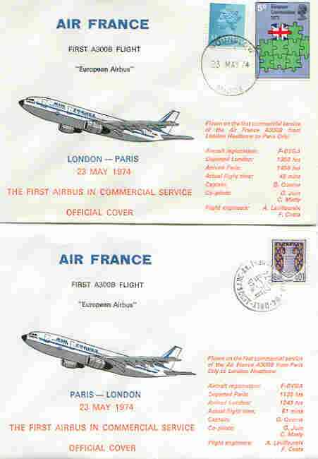 Great Britain 1974 Air France Airbus first commercial service flight cover London to Paris plus matched cover for return