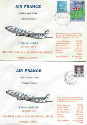 Great Britain 1974 Air France Airbus first commercial service flight cover London to Paris plus matched cover for return