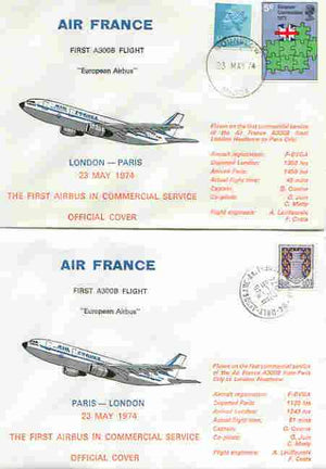 Great Britain 1974 Air France Airbus first commercial service flight cover London to Paris plus matched cover for return