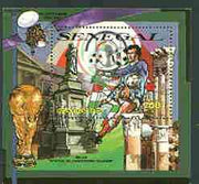 Senegal 2000 Korea/Japan World Cup opt in silver on 1990 Football perf m/sheet (Statue of Columbus) unmounted mint