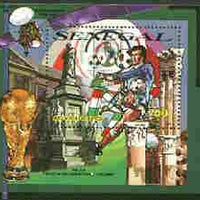 Senegal 2000 Korea/Japan World Cup opt in gold on 1990 Football perf m/sheet (Statue of Columbus) unmounted mint