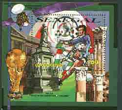 Senegal 2000 Korea/Japan World Cup opt in gold on 1990 Football perf m/sheet (Statue of Columbus) unmounted mint