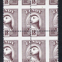 Lundy 1982 Puffin def 18p brown-purple with superb misplacement of horiz and vert perfs unmounted mint block of 4