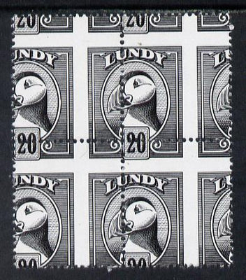 Lundy 1982 Puffin def 20p black with superb misplacement of horiz and vert perfs unmounted mint block of 4