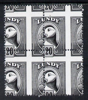 Lundy 1982 Puffin def 20p black with superb misplacement of horiz and vert perfs unmounted mint block of 4