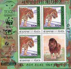 North Korea 1996 WWF World Conservation Union perf m/sheet containing 3 x 50ch (Tiger) plus label unmounted mint, as SG N3630