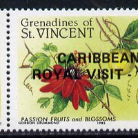 St Vincent - Grenadines 1985 Passion Fruit 30c with Royal Visit opt, unmounted mint horiz marginal strip of 3, with additional opt in margin (as SG 398)