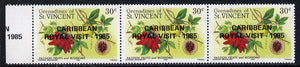 St Vincent - Grenadines 1985 Passion Fruit 30c with Royal Visit opt, unmounted mint horiz marginal strip of 3, with additional opt in margin (as SG 398)