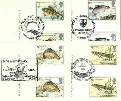 Great Britain 1983 British River Fishes set of 4 PHQ cards with appropriate gutter pairs each very fine used with first day cancels