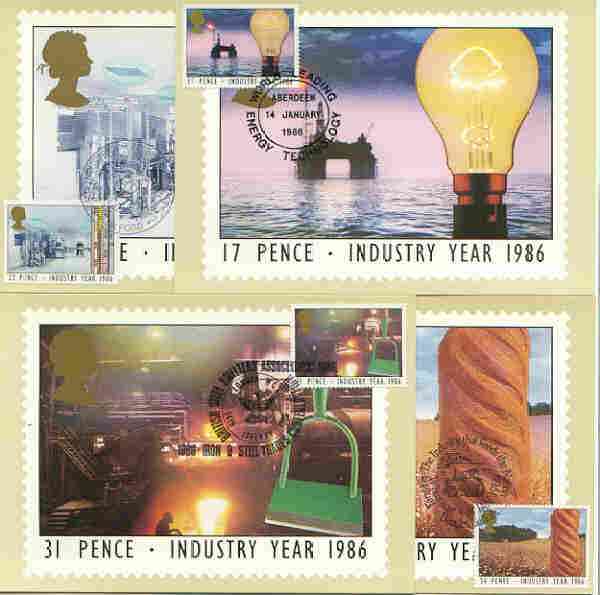 Great Britain 1986 Industry Year set of 4 PHQ cards with appropriate stamps each very fine used with first day cancels