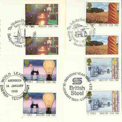 Great Britain 1986 Industry Year set of 4 PHQ cards with appropriate gutter pairs each very fine used with first day cancels