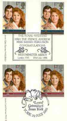 Great Britain 1986 Royal Wedding set of 2 PHQ cards with appropriate gutter pairs each very fine used with first day cancels