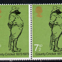 Great Britain 1973 County Cricket 7.5p (W G Grace) unmounted mint horiz pair with embossing shifted to left 6mm (falling in margin between stamps) also shows slight shift of black