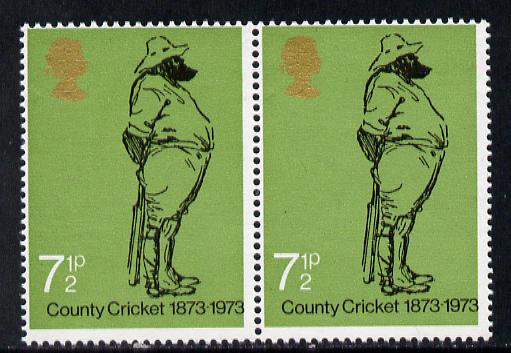 Great Britain 1973 County Cricket 7.5p (W G Grace) unmounted mint horiz pair with embossing shifted to left 6mm (falling in margin between stamps) also shows slight shift of black