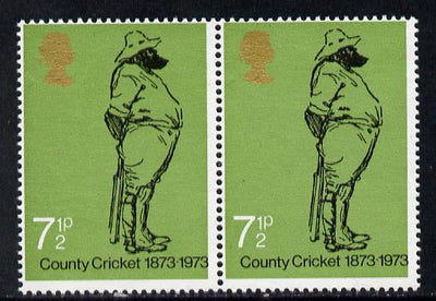Great Britain 1973 County Cricket 7.5p (W G Grace) unmounted mint horiz pair with embossing shifted to left 6mm (falling in margin between stamps) also shows slight shift of black