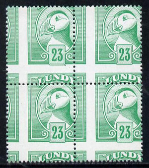 Lundy 1982 Puffin def 23p pale green with superb misplacement of horiz and vert perfs unmounted mint block of 4