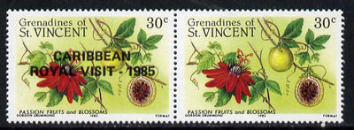 St Vincent - Grenadines 1985 Passion Fruit 30c (as SG 398) with Royal Visit opt, horiz pair, one stamp with opt omitted (unlisted by SG) unmounted mint
