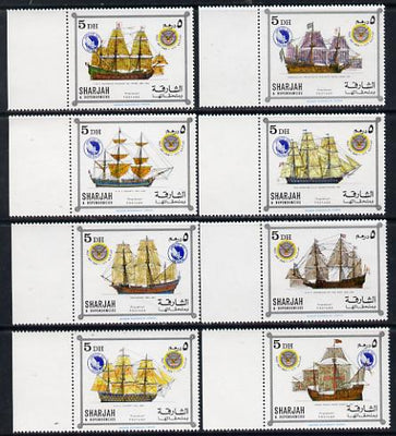 Sharjah 1969 Ships - Apollo 12 opts on Famous Ships issue, set of 8 unmounted mint, one with opt omitted & inverted on gummed side