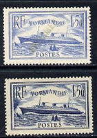 France 1935 SS Normandie SG 526 & 526a pair without gum handstamped SPECIMEN by a Receiving Authority, extremely scarce thus