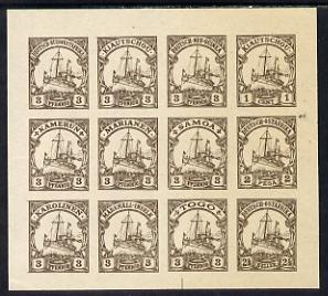 German Cols 1900 Yacht imperf forgery pane of 12 for various Colonies printed se-tenant in brown on gummed paper (3pfg, 1c, 2p & 2.5h)