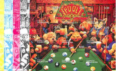 Tadjikistan 1999 Dogs Playing Pool composite sheetlet containing complete set of 9 values, the set of 5 imperf progressive proofs comprising the 4 individual colours plus all 4-colour composite unmounted mint
